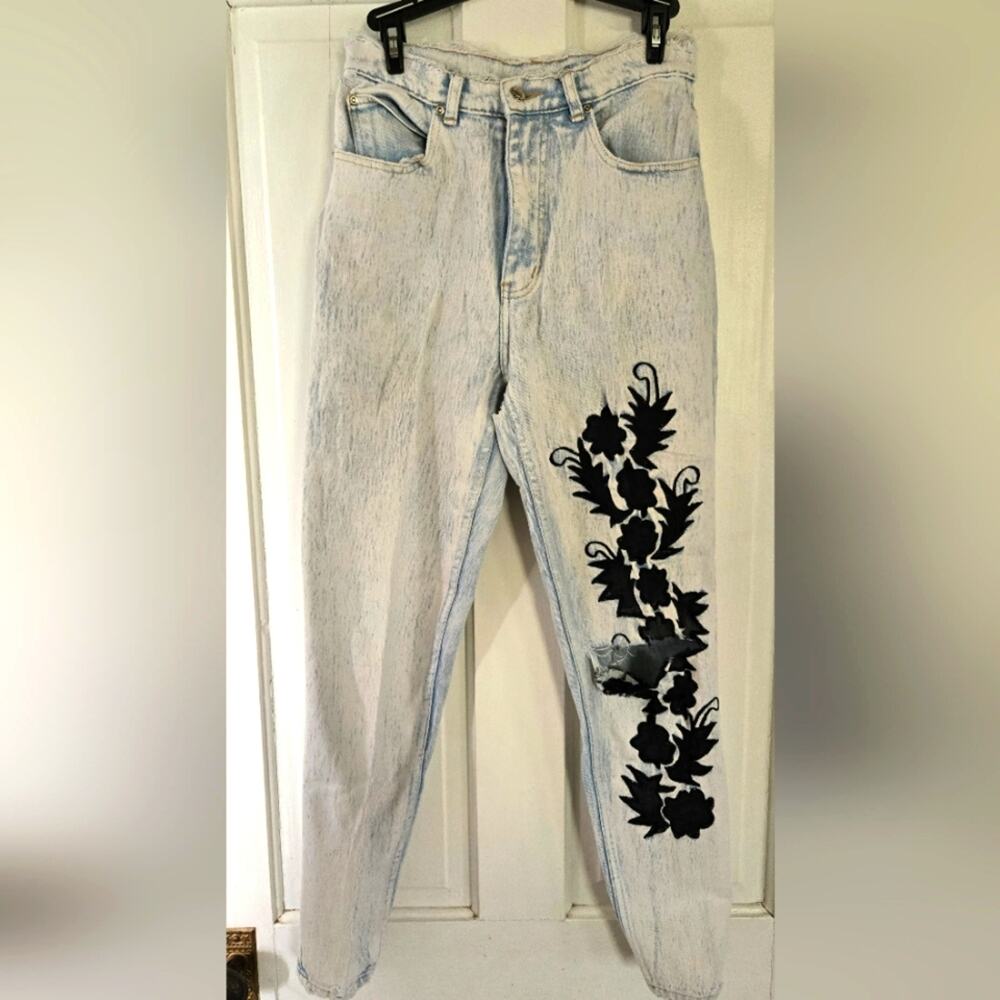 Vintage 80s Thrashed Daily Jeans Black Floral Design Size 11/12 Rare